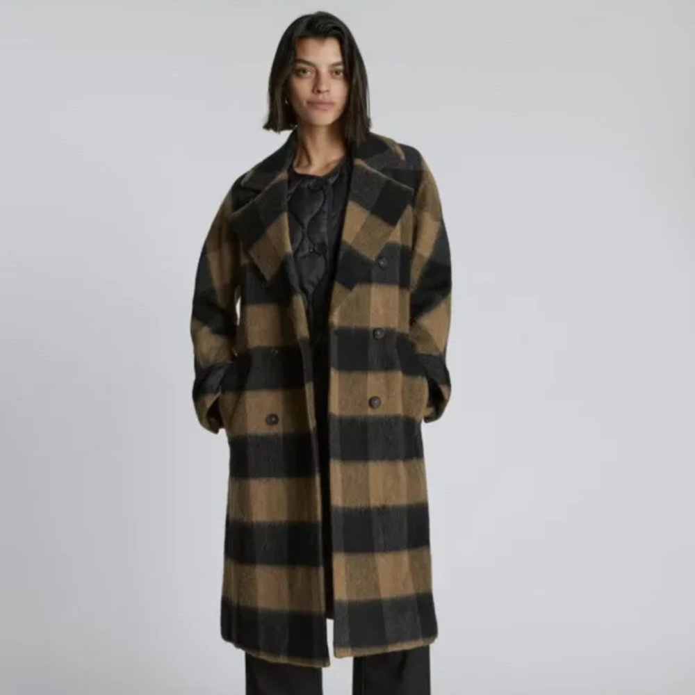 EVERLANE Italian ReWool Peacoat Brown Black Plaid Long Coat Jacket New 2SX XXS